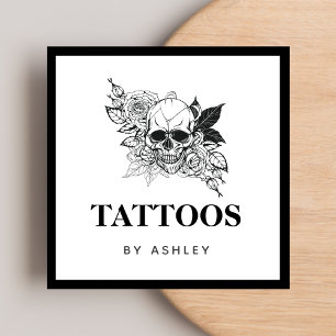 Gothic Floral Skull Black & White Tattoo Artist    Square Business Card