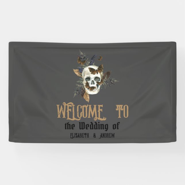 Gothic Floral Skull Butterflies Wedding Banner (Horizontal)