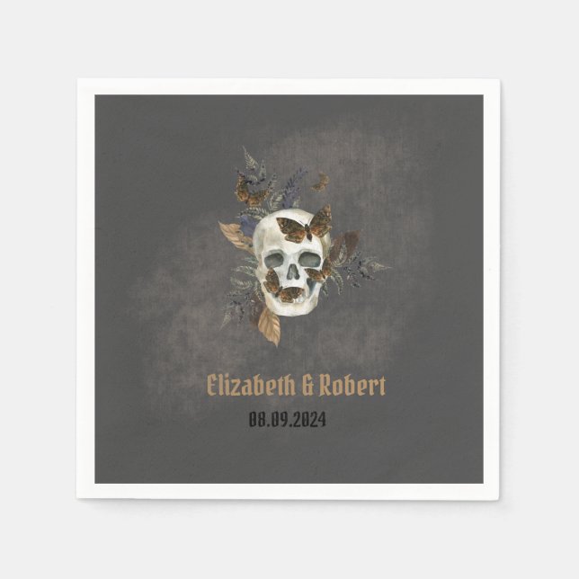 Gothic Floral Skull Butterflies Wedding  Napkin (Front)