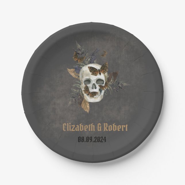 Gothic Floral Skull Butterflies Wedding  Paper Plate (Front)