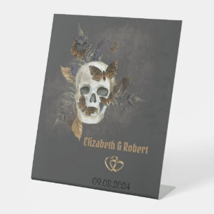 Gothic Floral Skull Butterflies Wedding Pedestal Sign