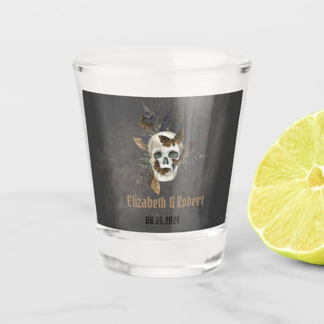 Gothic Floral Skull Butterflies Wedding  Shot Glass (Front)