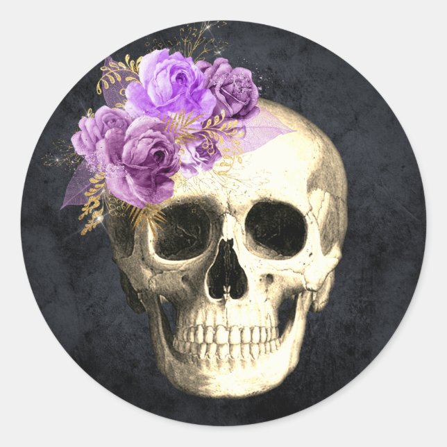 Gothic Floral Skull   Classic Round Sticker (Front)