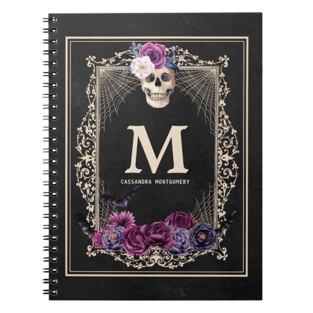 Gothic Floral Skull Custom Monogram & Name Black Notebook (Front)