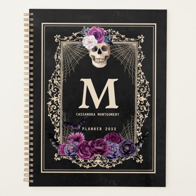 Gothic Floral Skull Custom Monogram & Name Black Planner (Front)