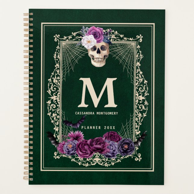 Gothic Floral Skull Custom Monogram & Name Green Planner (Front)