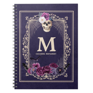 Gothic Floral Skull Custom Monogram & Name Navy Notebook
