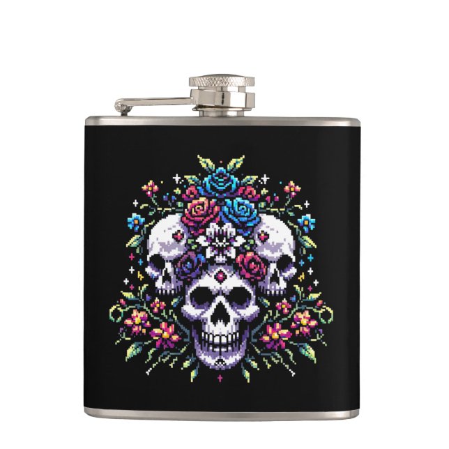 Gothic Floral Skull: Elegance in Art Hip Flask (Front)