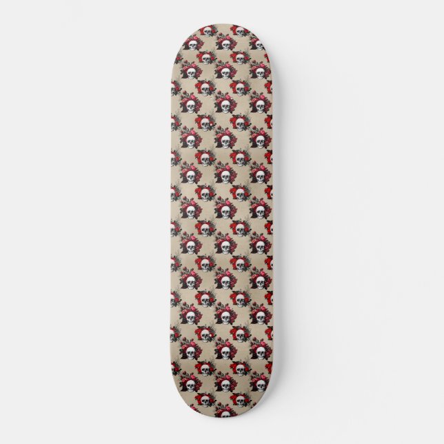 Gothic Floral Skull Flowers Skateboard (Front)