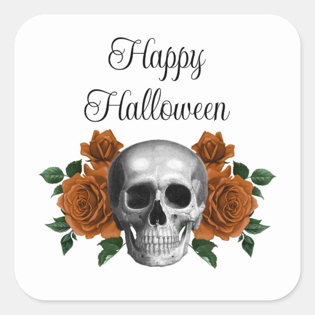Gothic Floral Skull Halloween Square Sticker (Front)