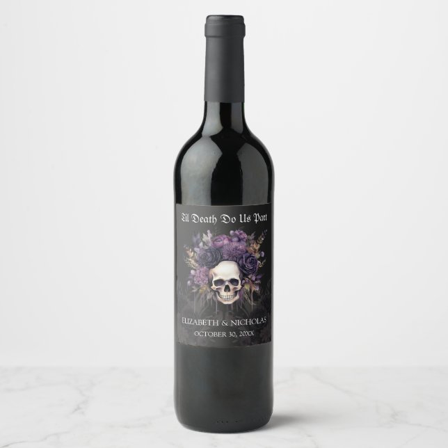 Gothic Floral Skull Halloween Wedding Wine Label (Front)
