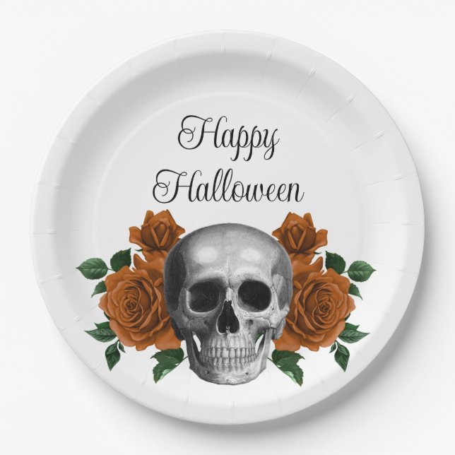 Gothic Floral Skull Happy Halloween Paper Plate (Front)