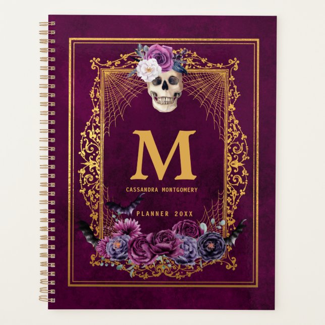 Gothic Floral Skull  Magenta Custom Monogram Name Planner (Front)
