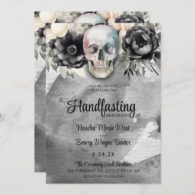 Gothic Floral Skull & Peony Handfasting Invitation (Front/Back)