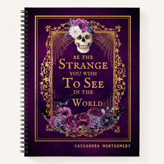 Gothic Floral Skull Quote Purple Personalised Name Notebook (Front)