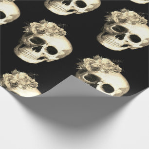 Gothic Floral Skull Rose Pattern Halloween Wrapping Paper