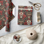 Gothic Floral Skull & Rose Wedding Wrapping Paper<br><div class="desc">Immerse yourself in the captivating world of gothic art with this gothic skull and roses pattern illustration. This intricate design features beautifully detailed skulls adorned with vivid red roses and ornate floral motifs, set against a deep black background. The elegant yet macabre aesthetic makes it perfect for those who appreciate...</div>