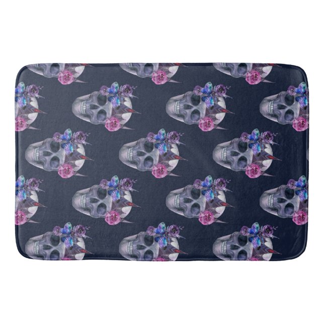 Gothic Floral Skull Seamless Pattern Bath Mat (Front)