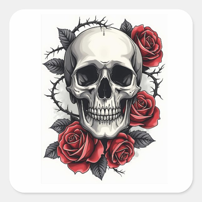Gothic Floral Skull Square Sticker (Front)