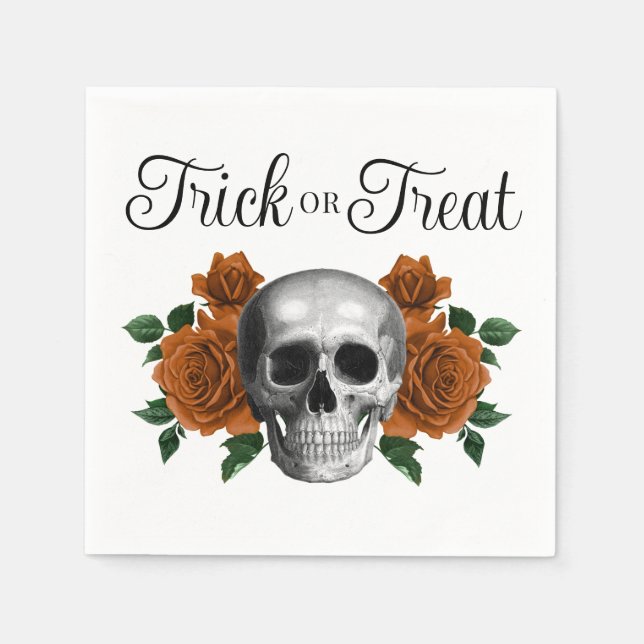 Gothic Floral Skull Trick Or Treat Halloween Napkin (Front)