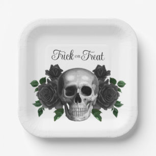 Gothic Floral Skull Trick Or Treat Halloween Paper Plate