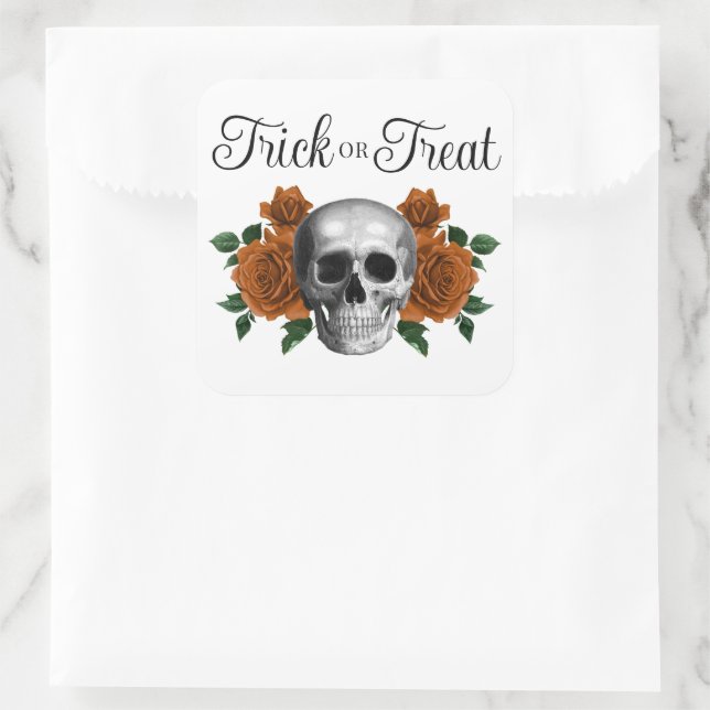 Gothic Floral Skull Trick Or Treat Halloween Square Sticker (Bag)