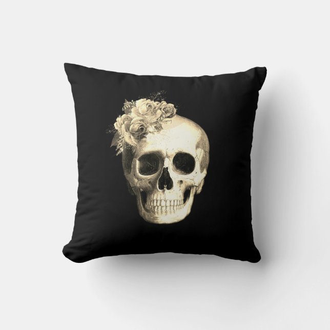 Gothic Floral Skull White Roses  Cushion (Front)