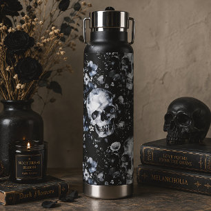 Gothic Floral Skulls Black Botanical Water Bottle