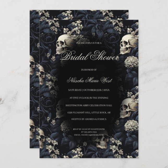 Gothic Floral Skulls Moody Dark Bridal Shower Invitation (Front/Back)