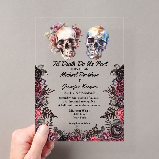 Gothic Floral Skulls,Til Death Do Us Part, Wedding Acrylic Invitations (Insitu (Handheld))