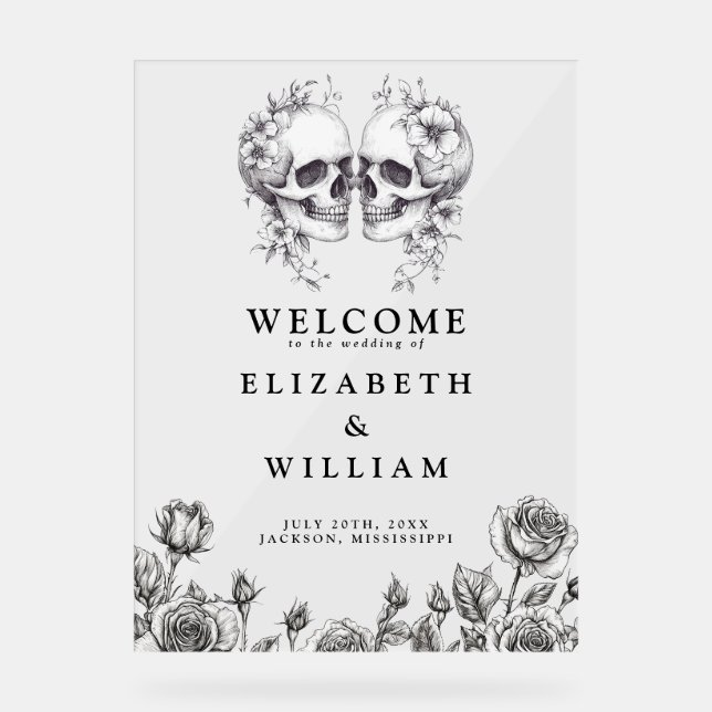 Gothic Floral Skulls Wedding Welcome Acrylic Sign (Front)