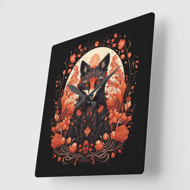 Gothic Fox and Flowers Square Wall Clock (Angle)