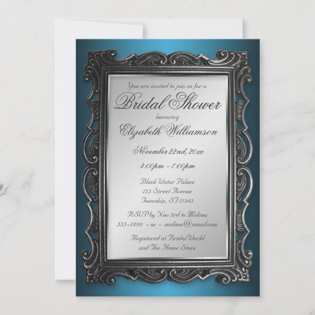 Gothic Frame Grey Blue Bridal Shower Invitations (Front)