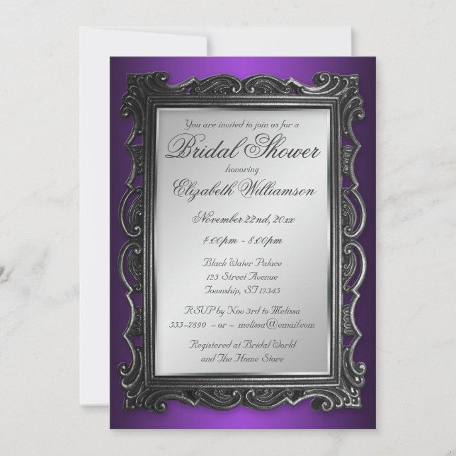 Gothic Frame Grey Purple Bridal Shower Invitations (Front)