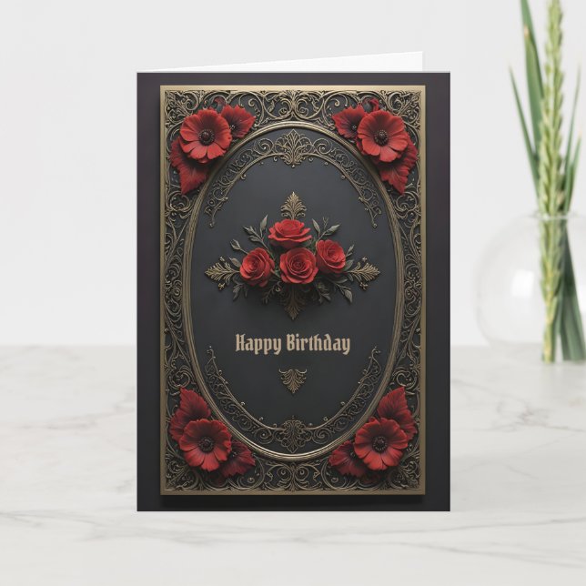 Gothic Frame with Red Flowers Birthday Card (Front)