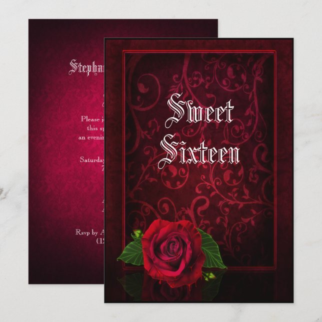 Gothic Framed Damask &  Red Rose Sweet 16 Invitation (Front/Back)