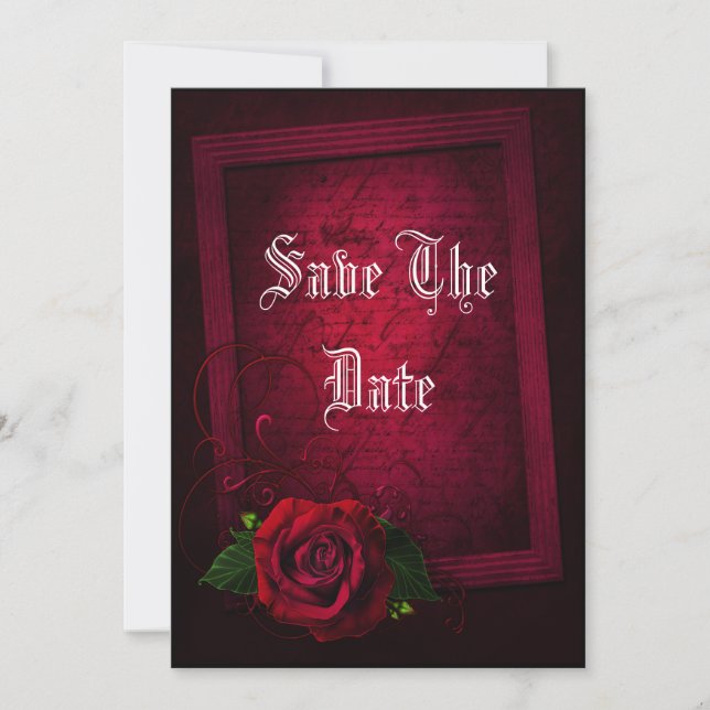Gothic Framed Letter &  Red Rose Save The Date (Front)