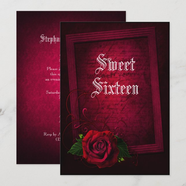Gothic Framed Letter &  Red Rose Sweet 16 Invitation (Front/Back)