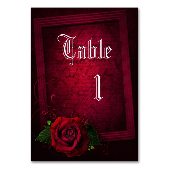 Gothic Framed Letter &  Red Rose Table Number (Front)