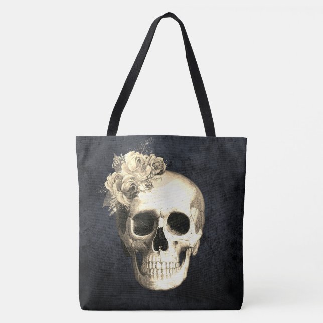 Gothic Galm Floral Skull Tote Bag (Front)