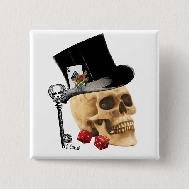 Gothic gambler skull tattoo design 15 cm square badge (Front)