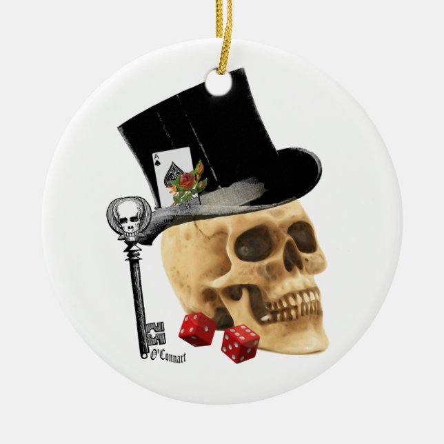 Gothic gambler skull tattoo design ceramic tree decoration (Front)