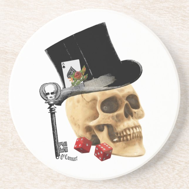 Gothic gambler skull tattoo design coaster (Front)