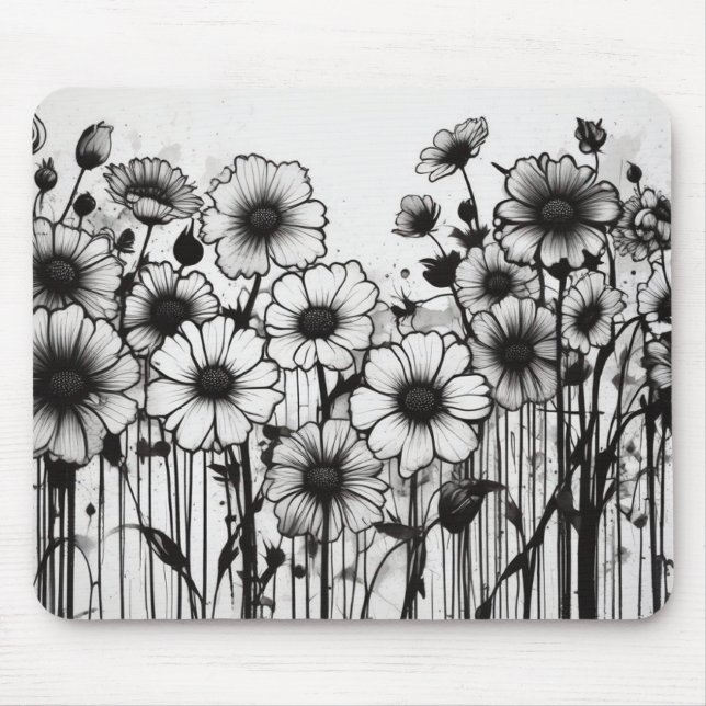 Gothic Garden Rhapsody Black Ink Floral Explosion Mouse Mat (Front)