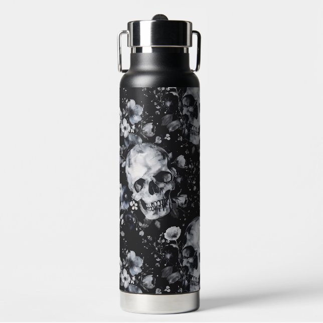 Gothic Garden Skulls and Floral Goth Summer Water Bottle (Front)