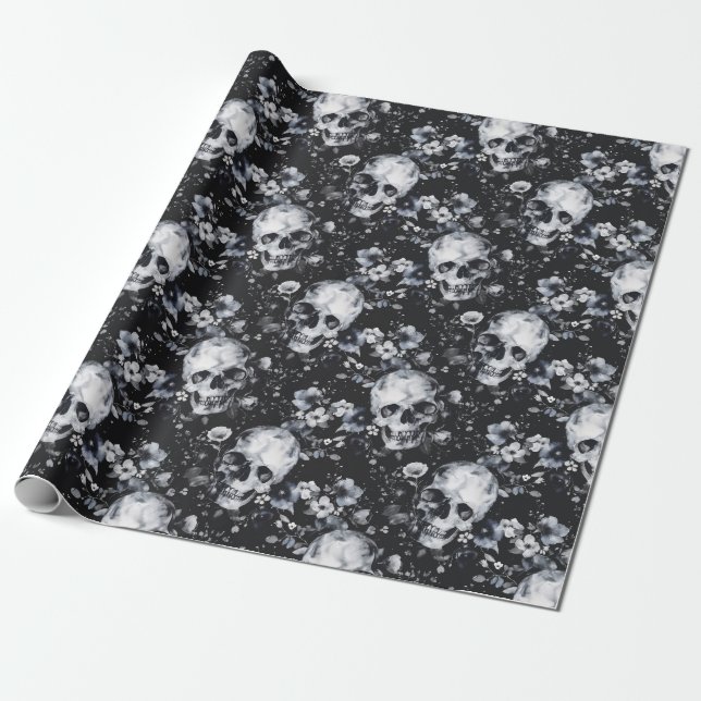 Gothic Garden Skulls and Floral Goth Summer Wrapping Paper (Unrolled)