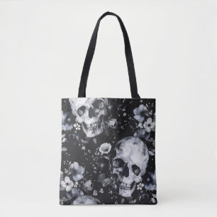 Gothic Garden Skulls and Floral Motifs Tote Bag