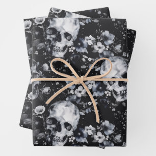 Gothic Garden Skulls and Floral Motifs Wrapping Paper Sheet