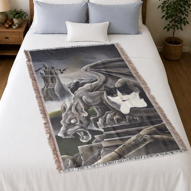 Gothic Gargoyle Cat Dark Fantasy Castle Throw Blanket (Creator Uploaded)