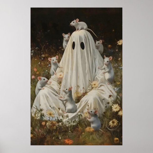 Gothic Ghost and Rats Botanical Art Print Witchy (Front)